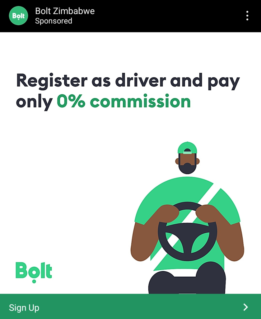 Bolt Ad with the words, "register as driver and pay only 0% commission"